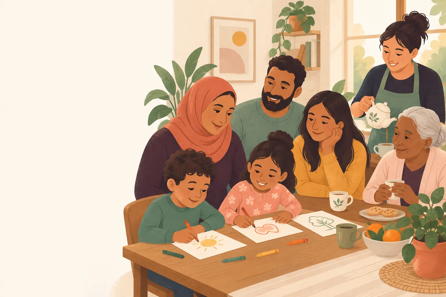 Illustrasjon av en familie og en frivillig rundt et bord. Barna tegner mens det skjenkes te.